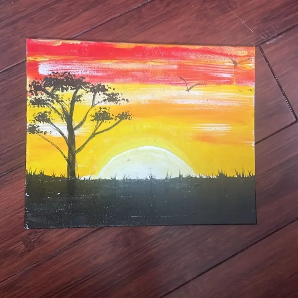 2 Paintings (1 Sunset , 1 Bird and Fence) Fun Colorful Paintings - 8 x 10